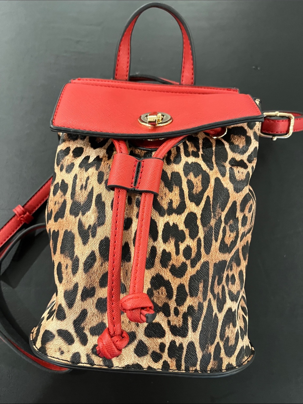 Leopard Print Drawstring Backpack with Red Trim - Picture 3 of 9